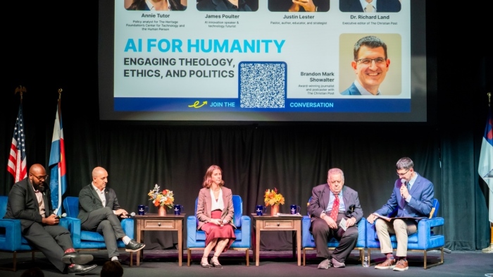 From left, Pastor James Lester, AI innovation expert James Poulter, policy analyst Annie Chestnut Tutor, Dr. Richard Land and moderator Brandon Showalter participate in a panel during 