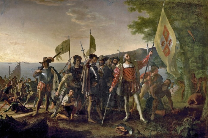 A 19th-century depiction of Christopher Columbus landing in the Caribbean on Oct. 12, 1492.