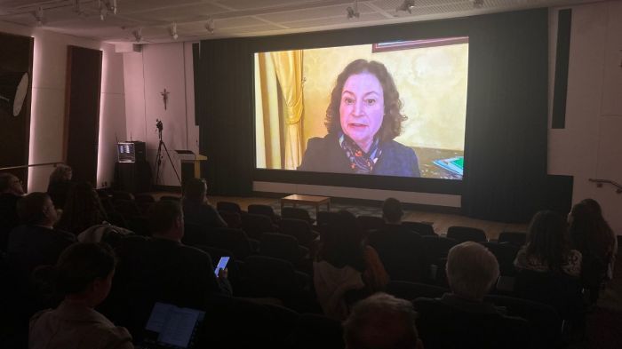 Author Mary Eberstadt appears virtually at the 60th anniversary celebration of Nostra Aetate in Washington, D.C., on Oct. 28, 2025.