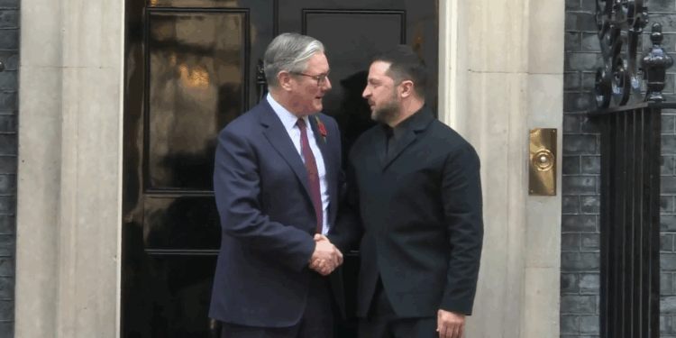 President Zelensky arrives at Downing Street and is warmly embraced by Keir Starmer