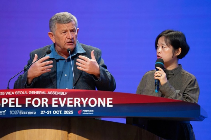 Joshua Williams, director of Africa Services for Open Doors International, speaks under an alias at the World Evangelical Alliance General Assembly in Seoul, South Korea, on Oct. 28, 2025, urging global believers to break their silence and stand with persecuted Christians. 