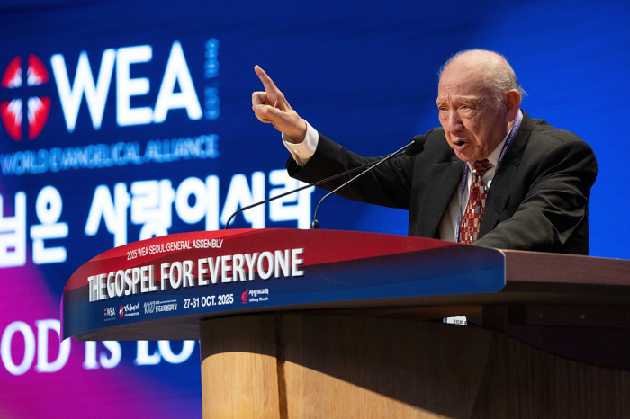 Pastor Stephen Tong, a world-renowned evangelist known as the Billy Graham of Asia, speaks at the 14th annual World Evangelical Alliance General Assembly held in Seoul, South Korea, on Oct. 28, 2025. 