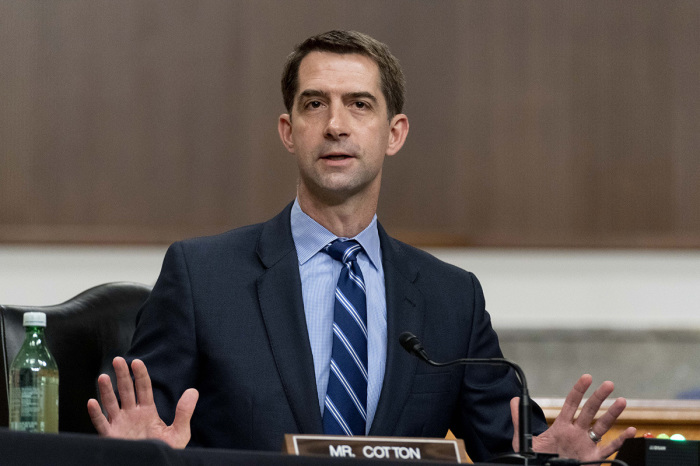 Sen. Tom Cotton, R-Ark., speaks during a hearing to examine United States Special Operations Command and United States Cyber Command in review of the Defense Authorization Request for fiscal year 2022 and the Future Years Defense Program, on Capitol Hill on March 25, 2021, in Washington, D.C.