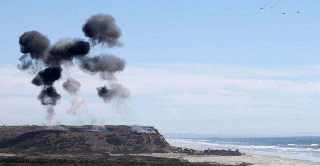 Marines perform an amphibious capabilities demonstration as US Vice President JD Vance and US Second Lady Usha Vance visit, on Red Beach at Camp Pendleton, California, on October 18, 2025 as part of the Marine Corps' 250th anniversary celebrations.