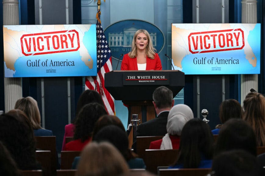 White House Press Secretary Karoline Leavitt speaks during the daily briefing in the Brady Briefing Room of the White House in Washington, DC, on February 25, 2025. (Photo by Jim WATSON / AFP) (Photo by JIM WATSON/AFP via Getty Images)