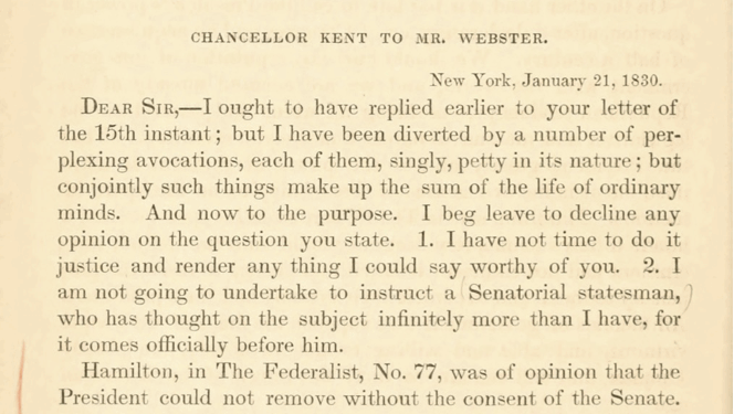 Chancellor James Kent on Hamilton’s Federalist No. 77 and Modern Academic Commentary