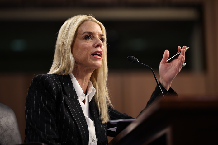 Former Florida Attorney General Pam Bondi testifies before the Senate Judiciary Committee during her confirmation hearing to be the next U.S. attorney general in the Hart Senate Office Building on Capitol Hill on Jan. 15, 2025, in Washington, D.C. Bondi, who was nominated by President-elect Donald Trump, defended him during his first impeachment trial in 2020 and publicly supported false claims that the 2020 election was stolen from him.
