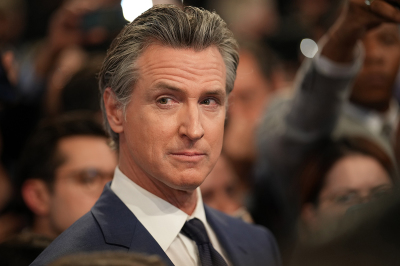 Gov. Gavin Newsom, D-Calif., speaks to reporters in the spin room following the CNN Presidential Debate on June 27, 2024 in Atlanta, Georgia.