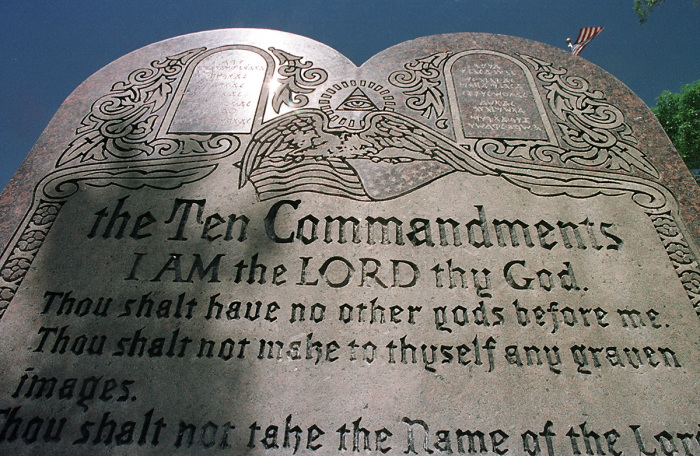 A 42-year-old Ten Commandments sculpture is on display in front of city hall June 27, 2001, in Grand Junction, Colorado. The sculpture became a target of controversy between the ACLU and the Christian Coalition's American Center for Law and Justice when the ACLU began a legal offensive aimed at removing displays of the Ten Commandments from city halls and other civic buildings throughout the United States.