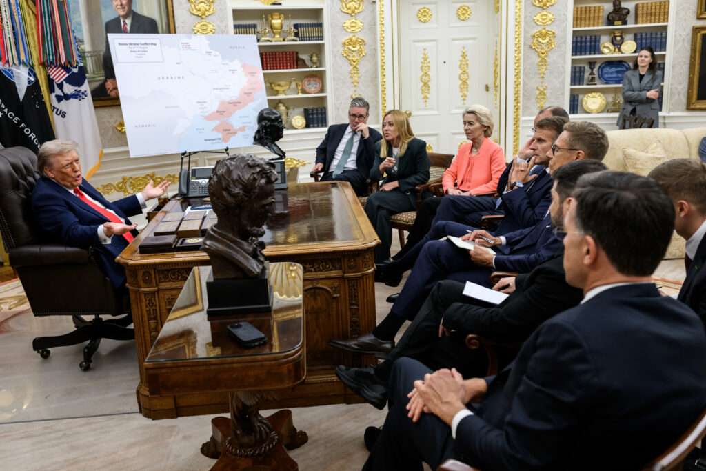 President Donald Trump meets with U.K. Prime Minister Keir Starmer, Italian Prime Minister Giorgia Meloni, European Commission President Ursula von der Leyen, German Chancellor Friedrich Merz, French President Emmanuel Macron, Finnish President Alexander Stubb, Ukrainian President Volodymyr Zelenskyy, and NATO Secretary General Mark Rutte in the White House on August 18, 2025.