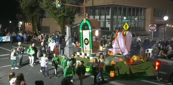 A 2025 Halloween parade float from Saint Joseph Catholic School in Hanover, Pennsylvania, that garnered controversy for its inclusion of a replica of the Auschwitz concentration camp gate.