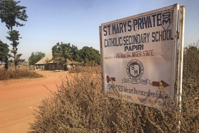 A signboard for St Mary's Private Catholic Secondary School stands at the entrance of the school in Papiri, Agwarra local government, Niger state, on Nov. 23, 2025. Fifty of the more than 300 children snatched by gunmen from a Catholic school in Nigeria have escaped their captors, a Christian group said in a statement on Nov. 23. 