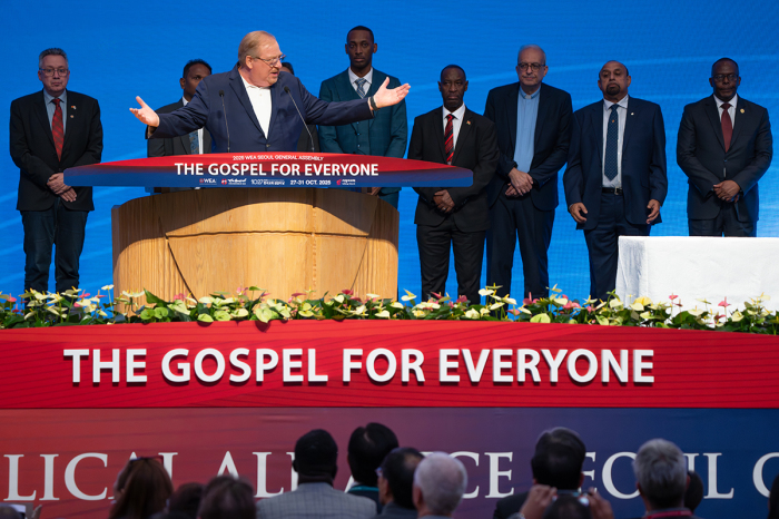 Rick Warren preaches on the seven purposes of communion at the World Evangelical Alliance's 14th General Assembly in Seoul, South Korea, on Oct. 30, 2025. 