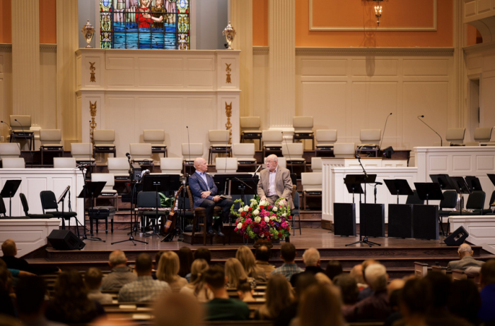 Pastor Jeff Warren (left) and N.T. Wright at Park Cities Baptist Church in Dallas, Texas, on Nov. 10, 2025.