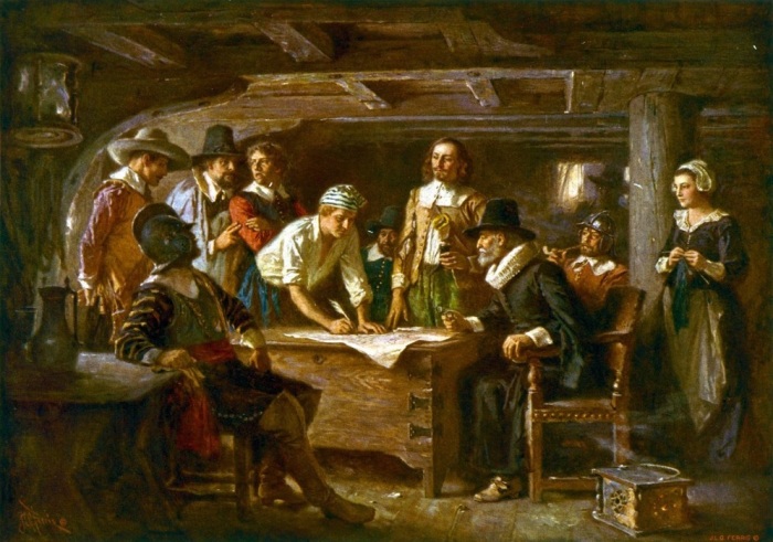 A 20th century depiction of the 1620 signing of the Mayflower Compact.