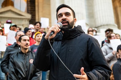 New York state Rep. Zohran Mamdani speaks at the Resist Fascism Rally in Bryant Park in New York City on Oct. 27, 2024.