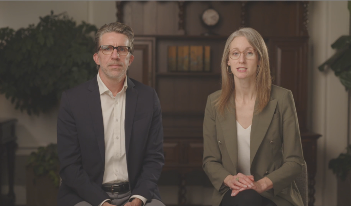 Ken Dryfhout (L), chair of the board of trustees of Trinity Christian College in Illinois, and Jeanine Mozie, acting president, announce the closure of the school at the end of the 2025-2026 academic year on November 4, 2025.