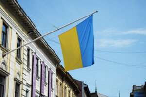 The flag of Ukraine on a pole