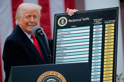 U.S. President Donald Trump holds up a chart of 