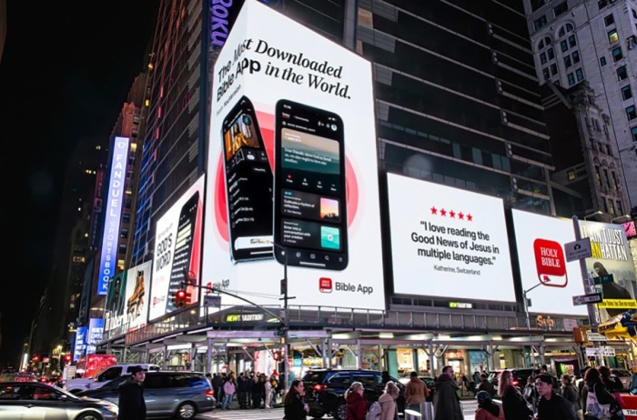 A digital billboard in New York’s Times Square promotes the YouVersion Bible App, highlighting YouVersion’s global reach and growing engagement with Scripture. 