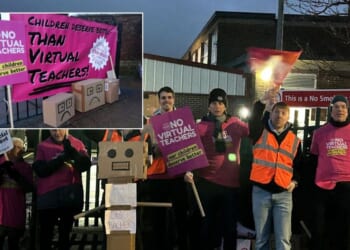 Teaching staff walk out over school's decision to hire 'virtual teacher' who lives more than 300 miles away