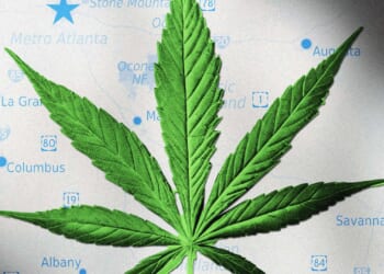 A marijuana leaf set against a map of Georgia.
