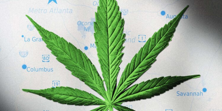 A marijuana leaf set against a map of Georgia.