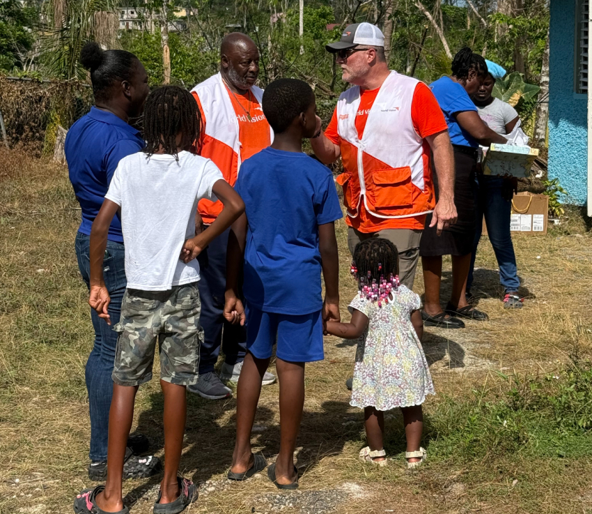 World Vision partnered with Operation Blessing and WaterStep to distribute food kits, disinfectant, and toys in Chester Castle, Jamaica, to help children and families recovering from Hurricane Melissa.