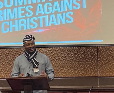 Franc Utu, a Nigerian researcher at the University of Central Oklahoma, details how he lost several of his family members in a targeted attack against Christians in his home country at an Emergency Summit on Crimes Against Christians in Washington, D.C., Dec. 9, 2025. 