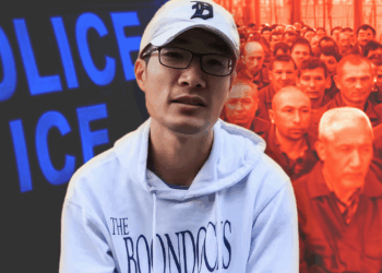 Guan Heng pictured on a background with images about immigration and detainment camps