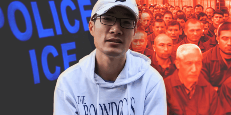 Guan Heng pictured on a background with images about immigration and detainment camps