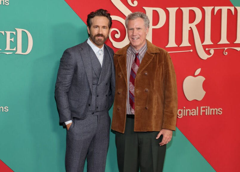 NEW YORK, NEW YORK - NOVEMBER 07: Ryan Reynolds and Will Ferrell attend Apple Original Film's "Spirited" New York Premiere at Alice Tully Hall, Lincoln Center on November 07, 2022 in New York City. (Photo by Cindy Ord/Getty Images,)