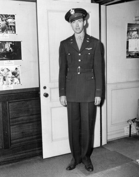 Portrait of American actor lieutenant colonel James Stewart (1908 - 1997), 1944. He had just been named chief of staff of a Liberator bomber combat wing, and recently had been awarded both the Oak Leaf Cluster and the Distinguished Flying Cross for his service. (Photo by US Army/PhotoQuest/Getty Images)