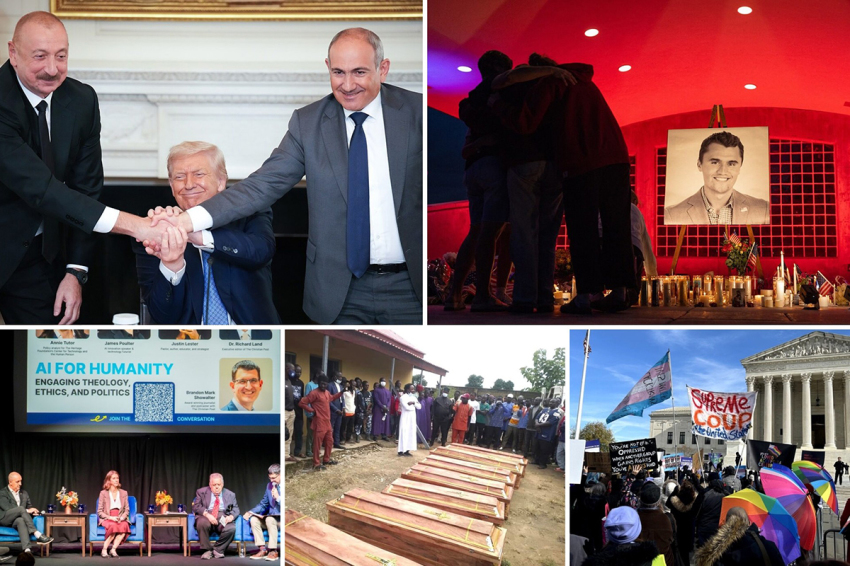 From top left to right: U.S. President Donald Trump (C) joins hands with Azerbaijani President Ilham Aliyev (L), and Armenian Prime Minister Nikol Pashinyan (R) during a signing ceremony in the State Dining Room of the White House on Aug. 8, 2025, in Washington, D.C. People pay their respects during a candlelight vigil for Christian youth activist and influencer Charlie Kirk at a makeshift memorial at Orem City Center Park in Orem, Utah, on Sept. 11, 2025. Bottom left to right: From left, Pastor James Lester, AI innovation expert James Poulter, policy analyst Annie Chestnut Tutor, Dr. Richard Land and moderator Brandon Showalter participate in a panel during 