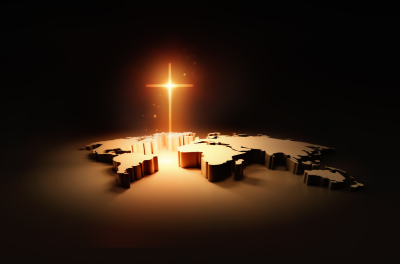 Glowing cross, gospel, missions, evangelism and world map background stock photo.