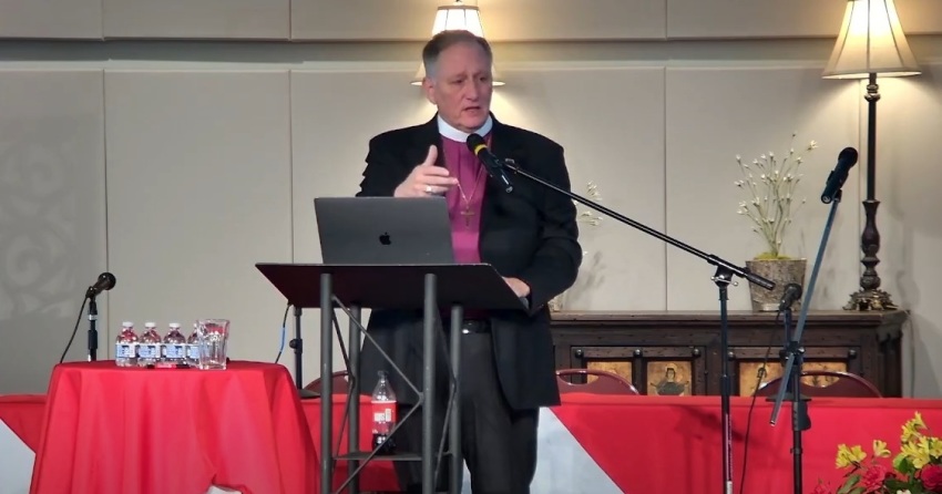 The Rt. Rev. Derek Jones, bishop of the Anglican Church in North America's Jurisdiction of the Armed Forces and Chaplaincy, gives a speech in March 2025.