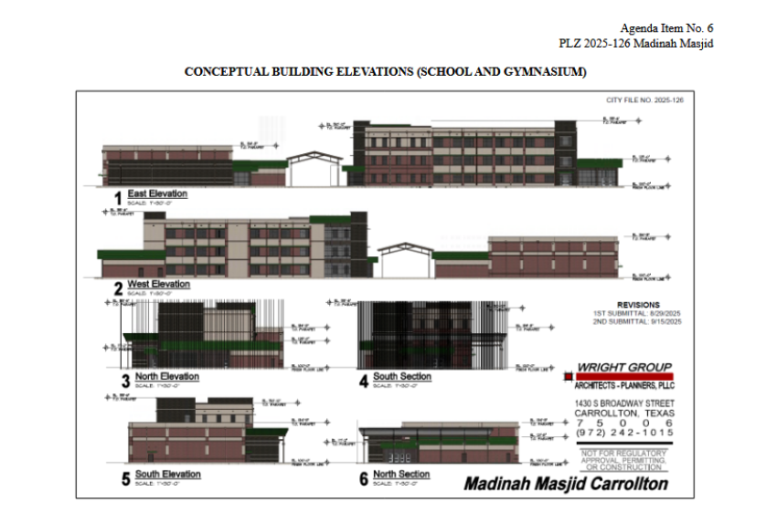 A zoning document shared by the City of Carrollton on Dec. 4, 2025, shows the proposed scale of an Islamic school building.