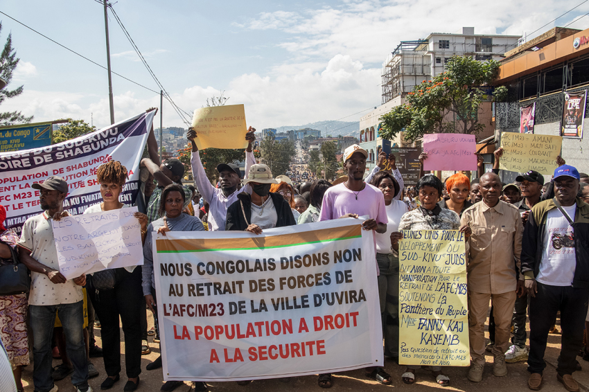Protesters take part in a march organized by civil society groups in South Kivu to demand peace and the organization of a dialogue in Bukavu on Dec. 23, 2025. After seizing the major cities of Goma and Bukavu early this year, fighters from the Rwanda-backed M23 group captured Uvira near the border with Burundi on Dec. 10. Its fall came days after the Congolese and Rwandan leaders signed a peace deal in Washington and the offensive drew sharp condemnation from the United States, which vowed 