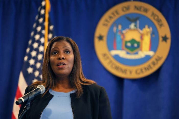 New York Attorney General Letitia James speaks during a press conference at the office of the Attorney General on July 13, 2022, in New York City. NY AG James announced today that her office has reached a settlement of $500,000 for more than a dozen current and former employees of the Sweet and Vicious, a bar in Manhattan, after a 16-month investigation into allegations of sexual harassment, discrimination and wage theft at the establishment.