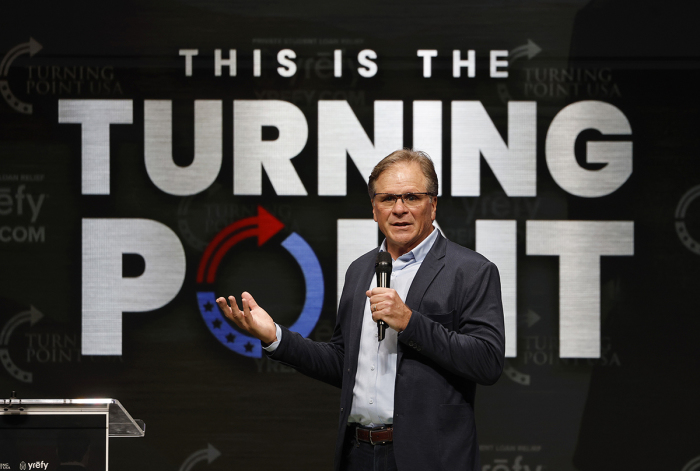 Author Frank Turek speaks during a Turning Point USA event at the University of California, Berkeley (UC Berkeley) on Nov. 10, 2025, in Berkeley, California, two months after Turning Point USA founder Charlie Kirk was killed.