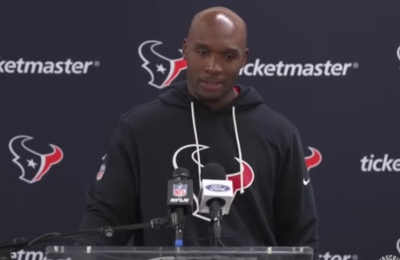 DeMeco Ryans, head coach of the Houston Texans, delivers a press conference after his team secured a spot in the 2025 National Football League postseason playoffs, Dec. 28, 2025.