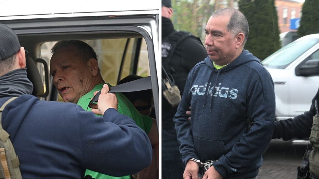 Miguel Angel Chavez and Jose Lazaro Ayala being arrested by ICE agents in the Greater Boston area. Chavez was arrested for wo counts of indecent assault and battery on a child under 14 and Ayalla was arrested for for the offense of leaving the scene of an accident involving an injured person or death.