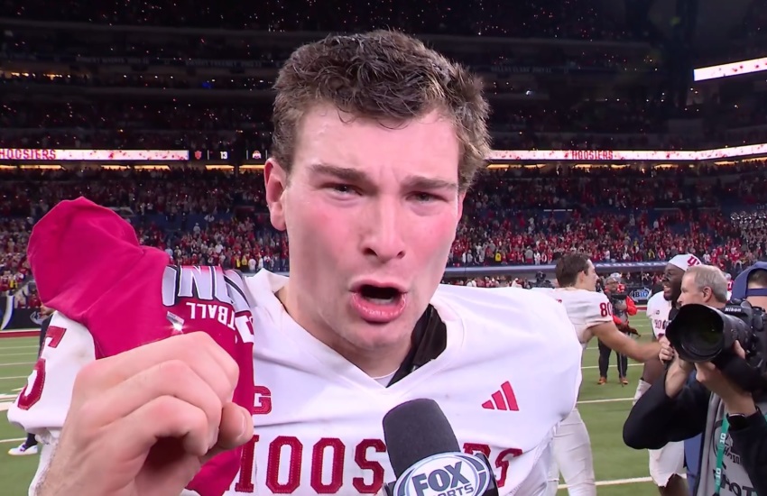 Indiana University quarterback Fernando Mendoza speaks with Fox Sports after securing a 13-10 victory over Ohio State University on Dec. 6, 2025, in Columbus, Ohio.