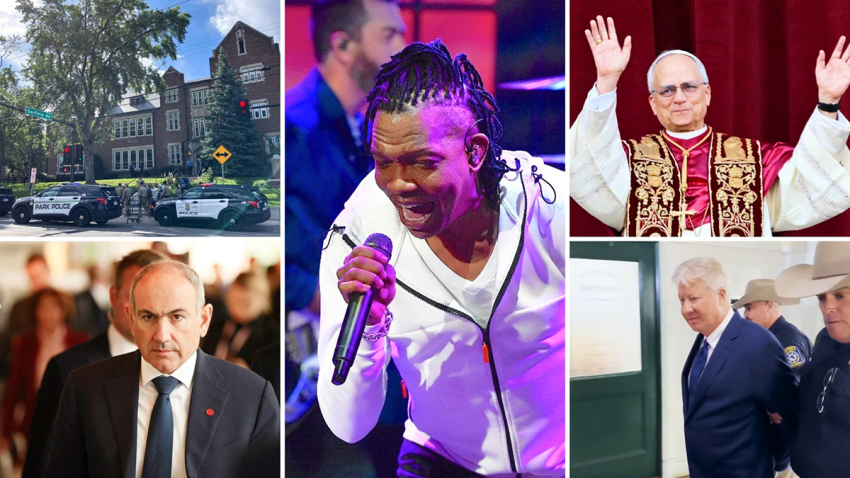 Top left to right: Police and first responders work at the scene of a shooting at Annunciation Church and Catholic School in Minneapolis, Minnesota, on Aug. 27, 2025; Michael Tait of the Newsboys performs during filming of 