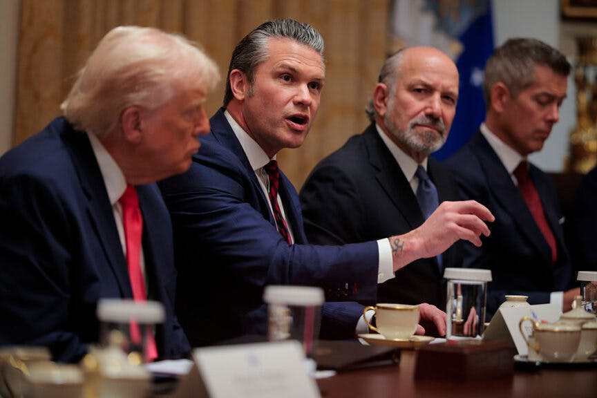 Secretary of War Pete Hegseth (2nd-L) speaks during a Cabinet meeting in the Cabinet Room of the White House on December 02, 2025 in Washington, DC. (Photo by Chip Somodevilla/Getty Images)