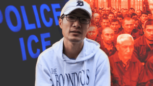 Guan Heng pictured on a background with images about immigration and detainment camps