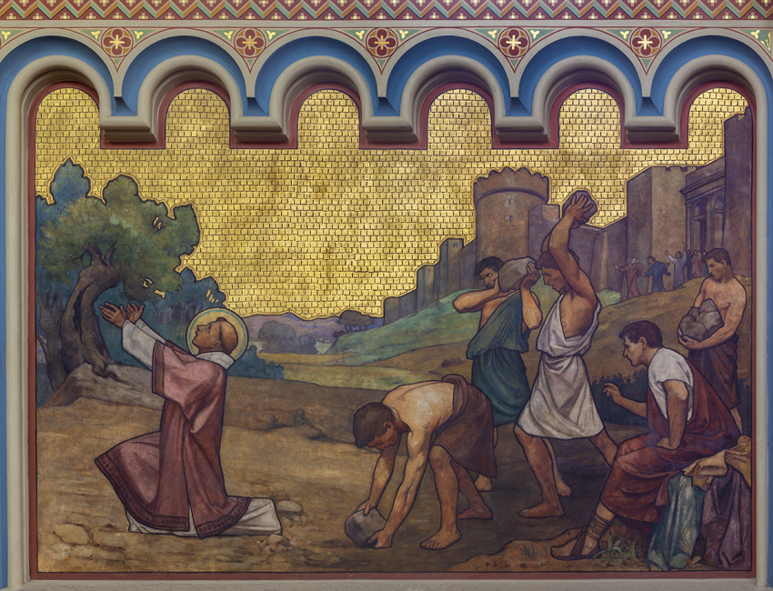 The stoning of St. Stephen fresco in the church kostel Svatého Cyrila Metodeje by S. G. Rudl (1896) in Prague, Czech Republic. 