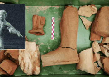 Archaeologists uncover sacred Roman shrine buried in mud containing six statues of legendary Greek hero