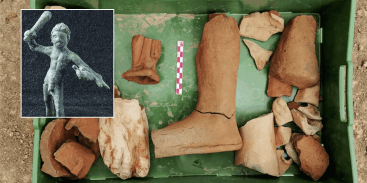 Archaeologists uncover sacred Roman shrine buried in mud containing six statues of legendary Greek hero