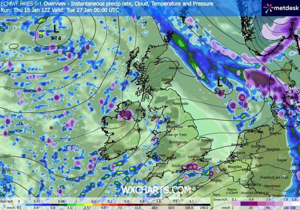 The image depicts a meteorological map featuring a diverse array of color-coded regions. These regions likely represent differen